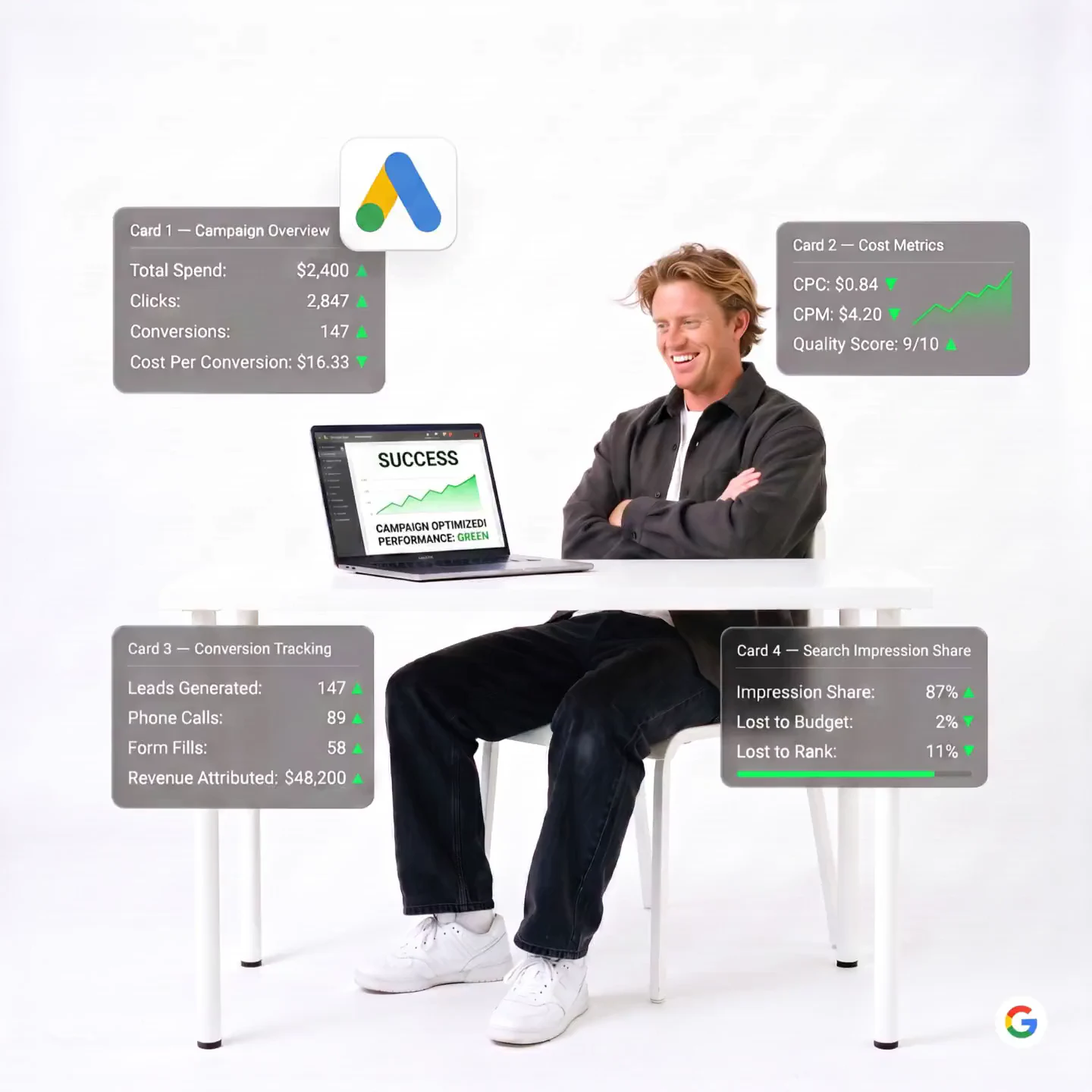 Google Ads agency: search campaign dashboard showing lead growth for a small business