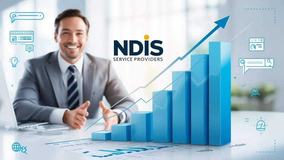 A realistic and visually appealing image featuring a happy businessman in the background, symbolizing NDIS SEO success with growth chart.