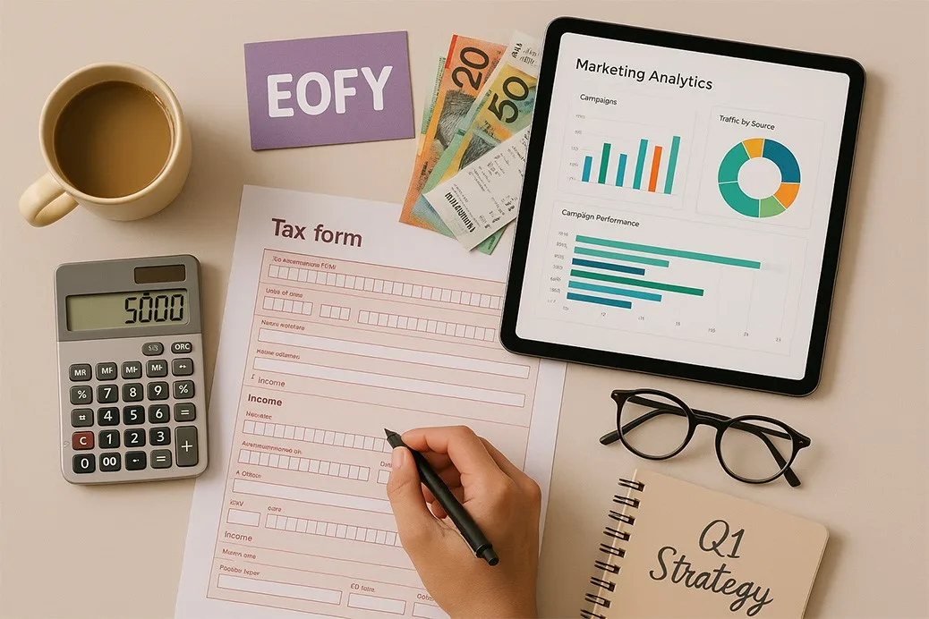 Flat lay of a workspace with a tax form, calculator showing 5000, Australian currency, coffee cup, and tablet displaying marketing analytics, representing tax season marketing in Australia.
