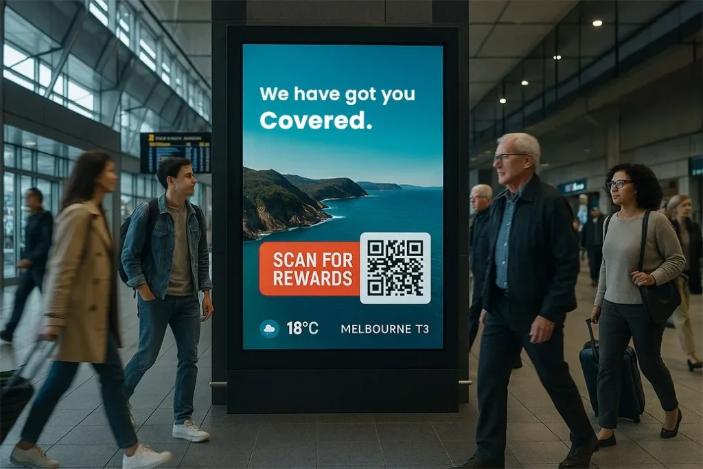 DOOH airport advertisement display showing a scenic coastal image with the text “We have got you Covered,” a QR code, and a “Scan for Rewards” call-to-action, located at Melbourne T3 terminal.