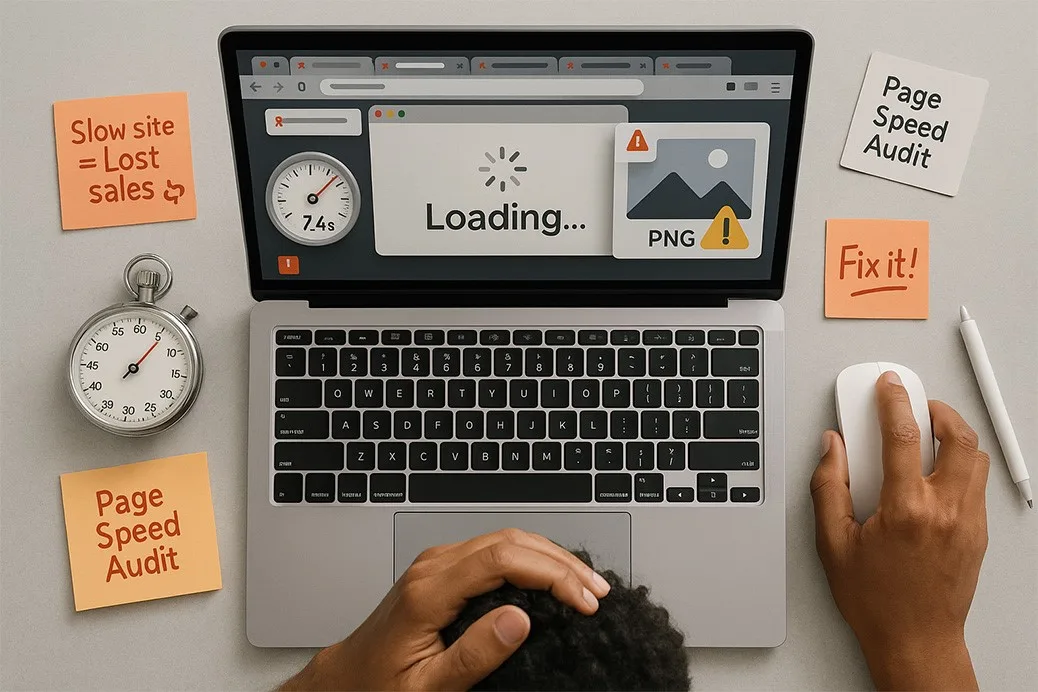 Overhead view of a person frustrated at a slow-loading website on a laptop, surrounded by sticky notes reading “Slow site = Lost sales,” “Fix it!,” and “Page Speed Audit,” illustrating common website mistakes that affect performance and sales.