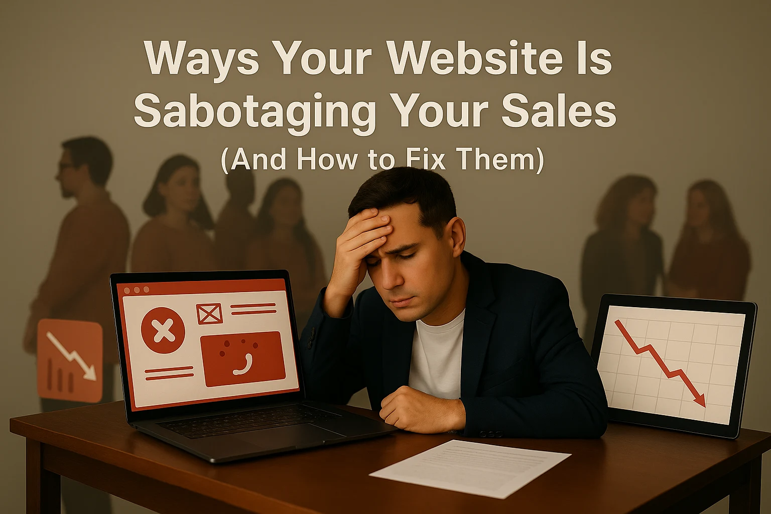A stressed businessman sits at a desk with a laptop showing website errors and a tablet displaying a downward sales graph, symbolizing website mistakes sabotaging sales. The title “Ways Your Website Is Sabotaging Your Sales (And How to Fix Them)” is displayed at the top.