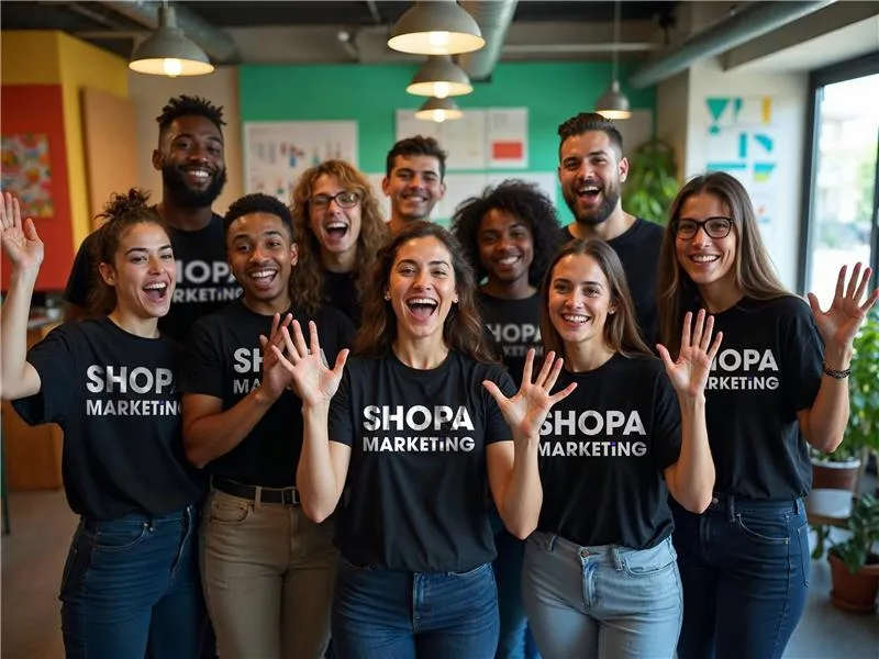 Shopa Marketing team celebrating 2 years of success in growing Australian brands, smiling and wearing branded black t-shirts in a modern office.