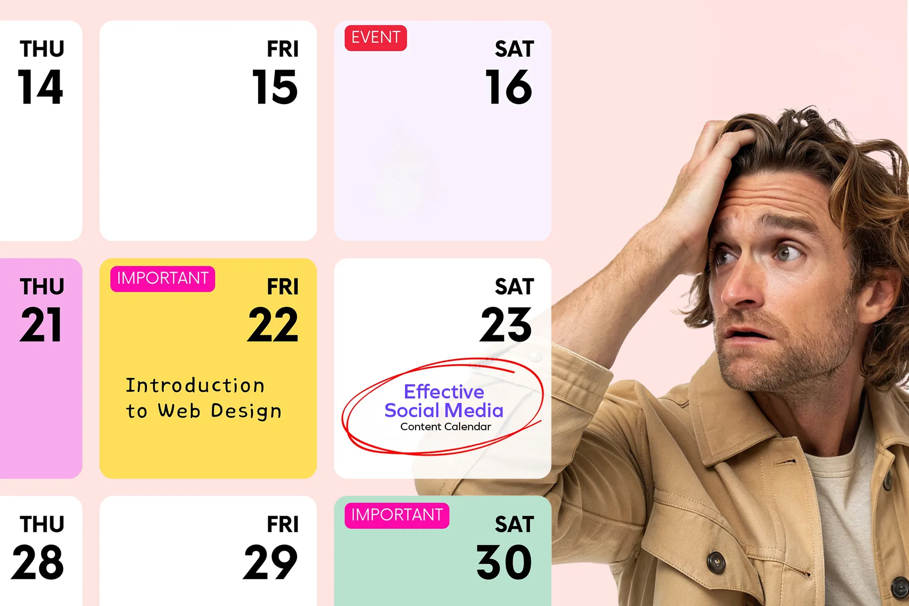 Man looking stressed while planning a Social Media Content Calendar with important events and tasks highlighted on a monthly planner.