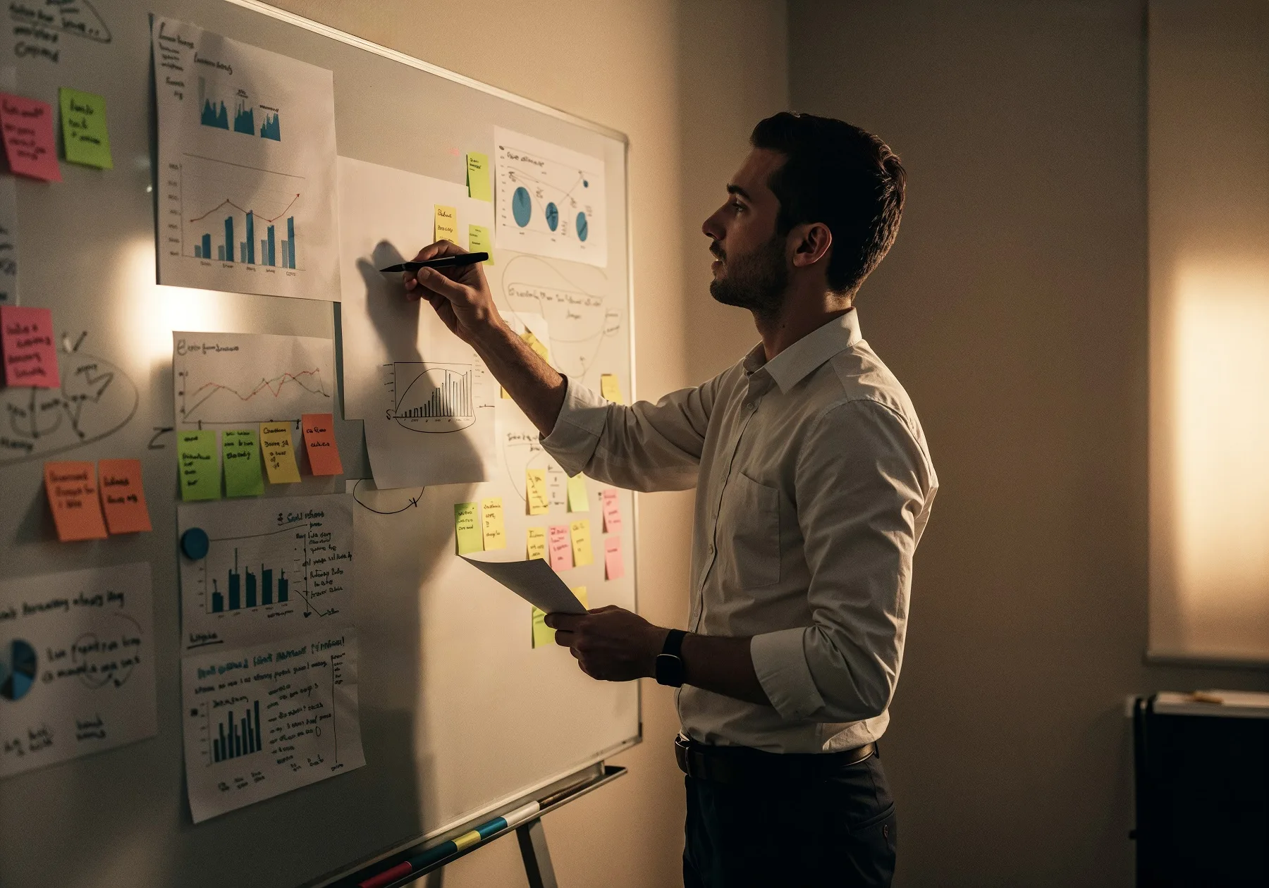 Businessman analyzing graphs and charts on a whiteboard while planning a future-proof marketing strategy in a changing economy.