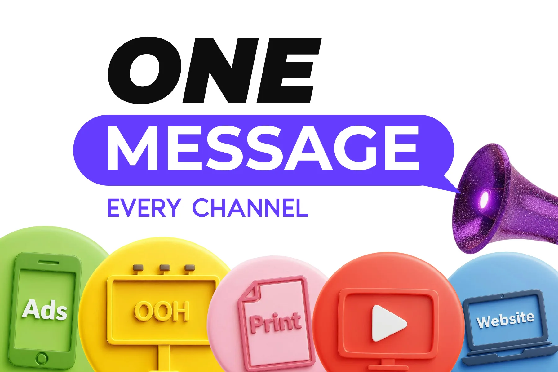 Colorful graphic with icons representing Ads, OOH, Print, Video, and Website under the message “One Message Every Channel,” illustrating effective Multi-Channel Marketing